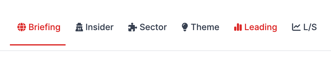 Markets navigation bar showing Briefing, Insider, Sector, Theme, Leading, and L/S tabs