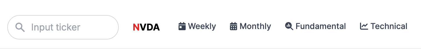 Ticker navigation bar showing search, ticker name, and Weekly / Monthly / Fundamental / Technical tabs
